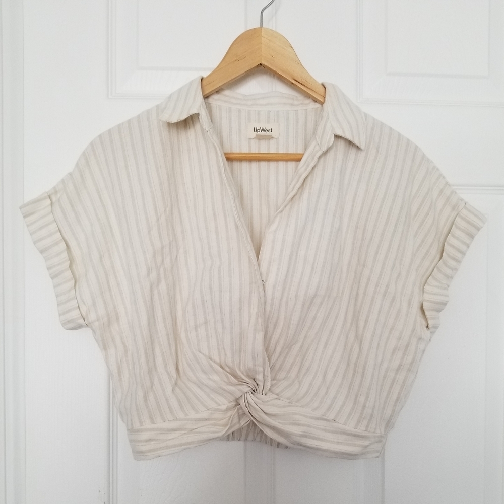 UpWest Cream Striped Tie-Front Crop Top